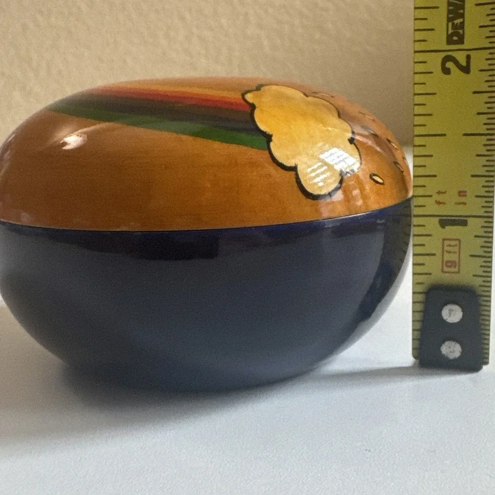 Vintage Small Round Laquer Wooden Hand Painted Trinket Box Rainbow Made In India